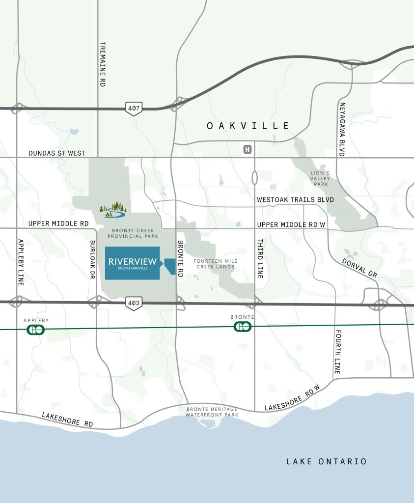 Strategic location map of Riverview South Oakville near Bronte Rd and Highway 403, showing proximity to Bronte GO Station.