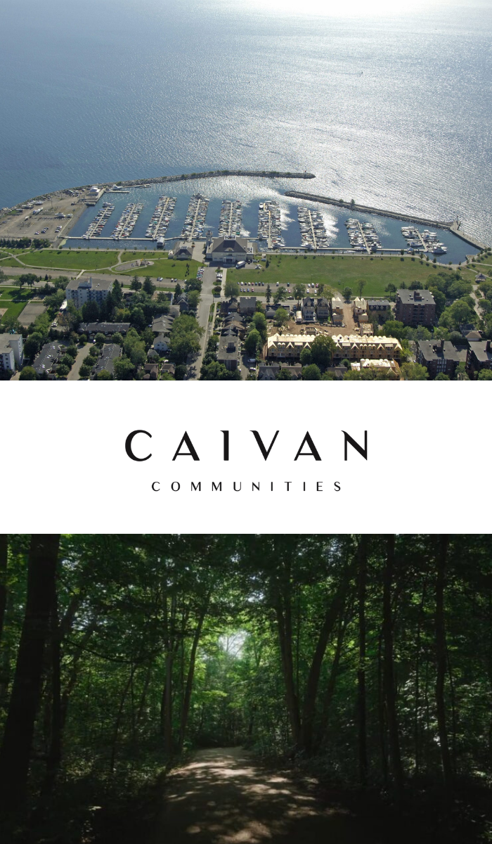 Scenic landscape featuring a flowing river and lush green jungle with Caivan Communities branding for Riverview South Oakville.