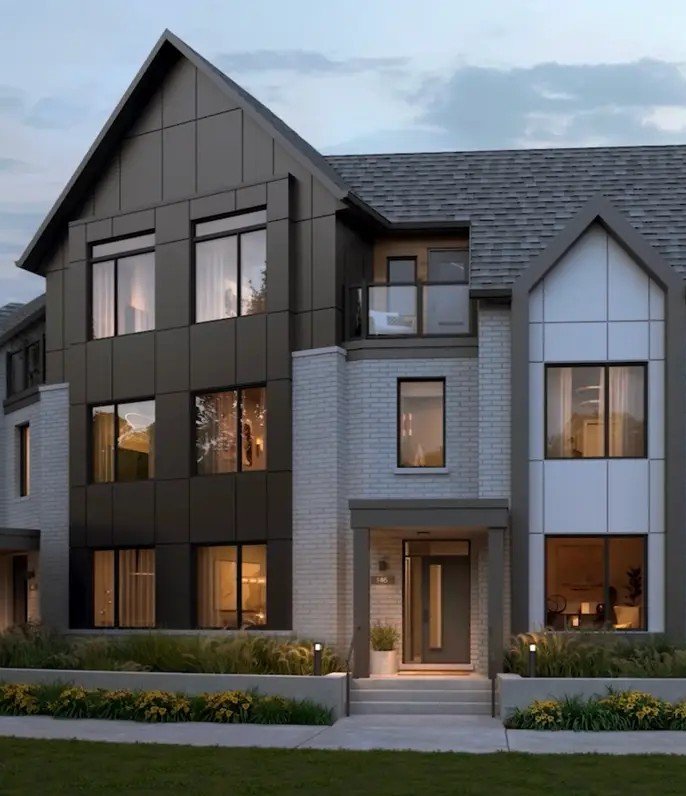 Modern executive townhomes with premium brick exterior and contemporary design at Riverview South Oakville by Caivan.